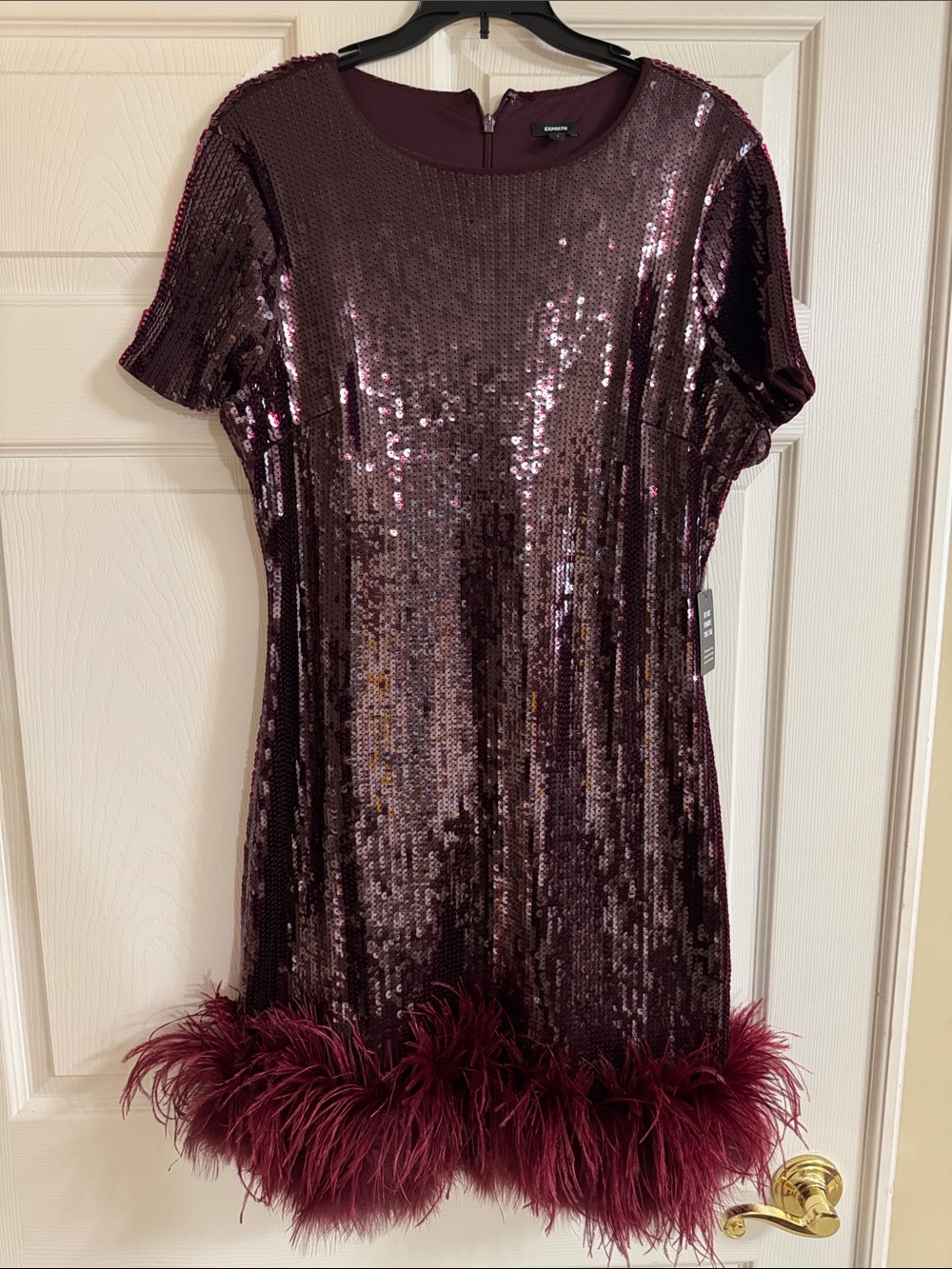 Express Burgundy Sequin Feather Trim Shift Dress